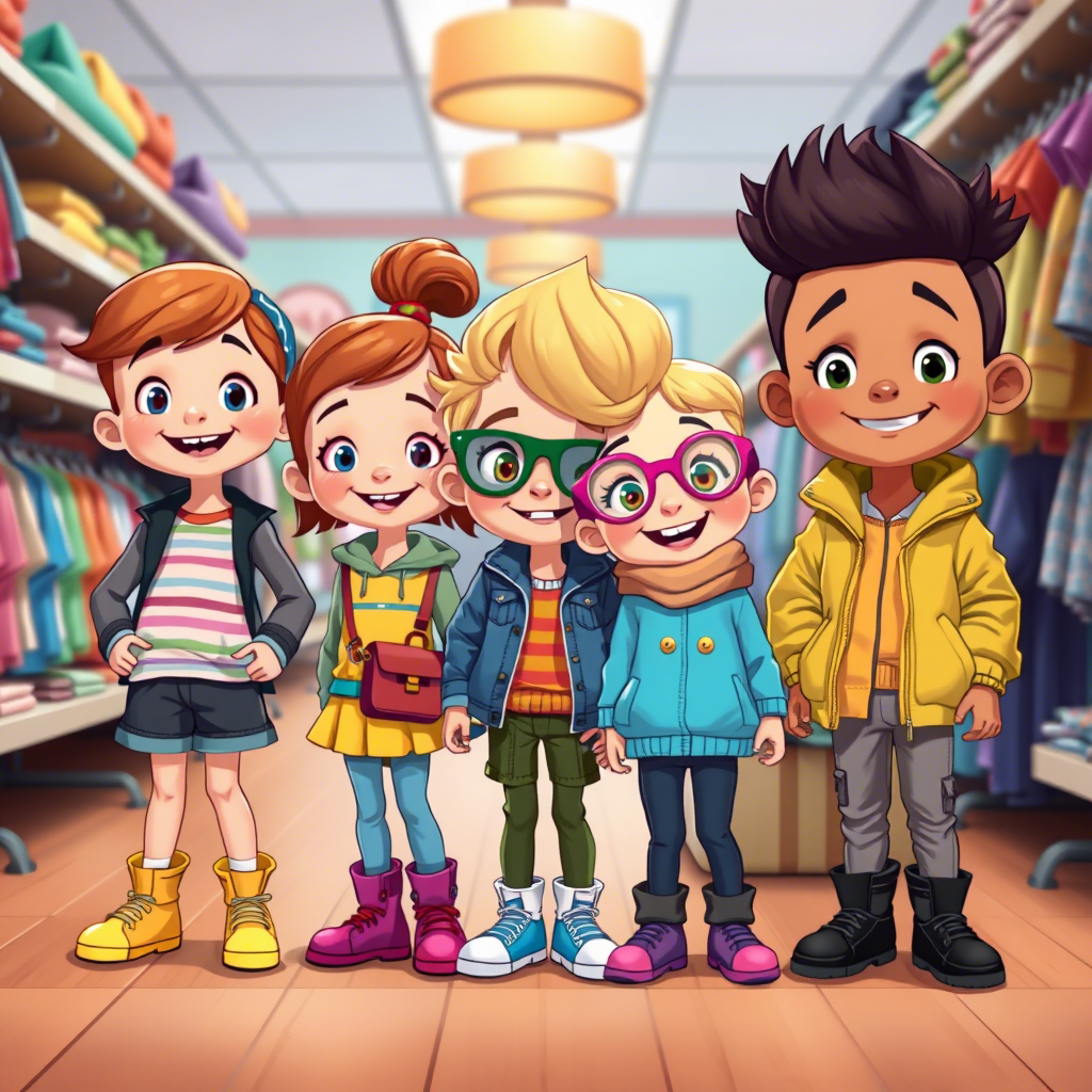 Vibrant cartoon kids wearing trendy outfits in a playful store setting