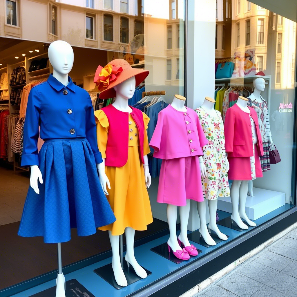 Vibrant children’s outfits displayed on mannequins in a boutique storefront