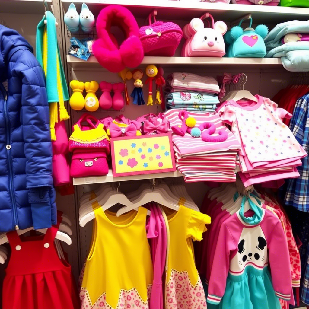 Vibrant children’s accessories and clothing laid out on a store shelf