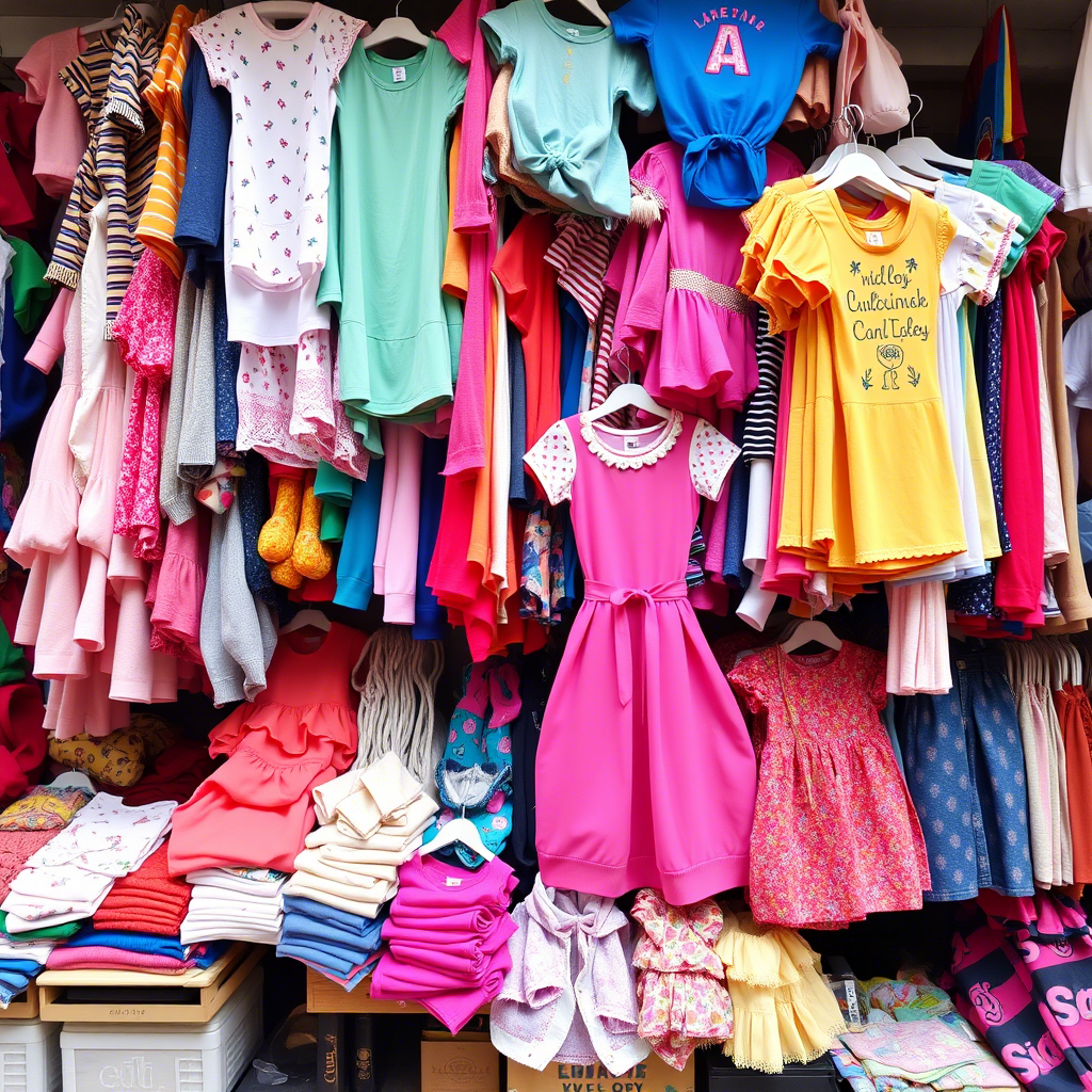 Vibrant children’s apparel bulk lots displayed on a market stall