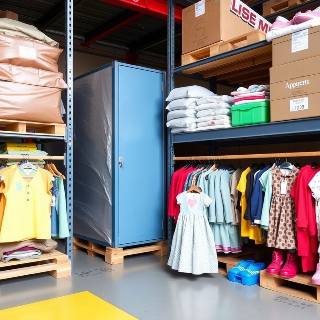 Vibrant children’s apparel bulk storage in European warehouse