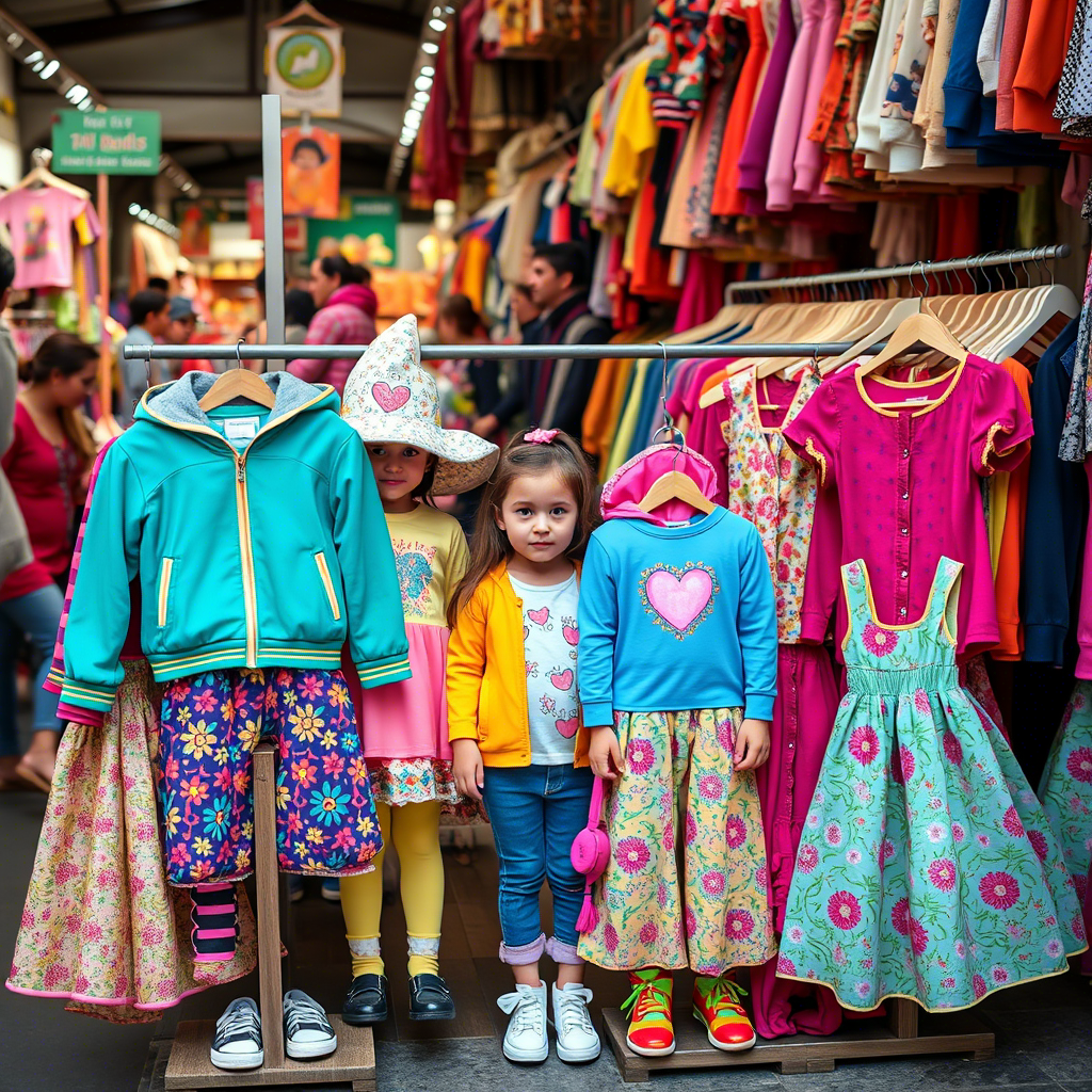 Vibrant children’s apparel displayed on a bustling marketplace