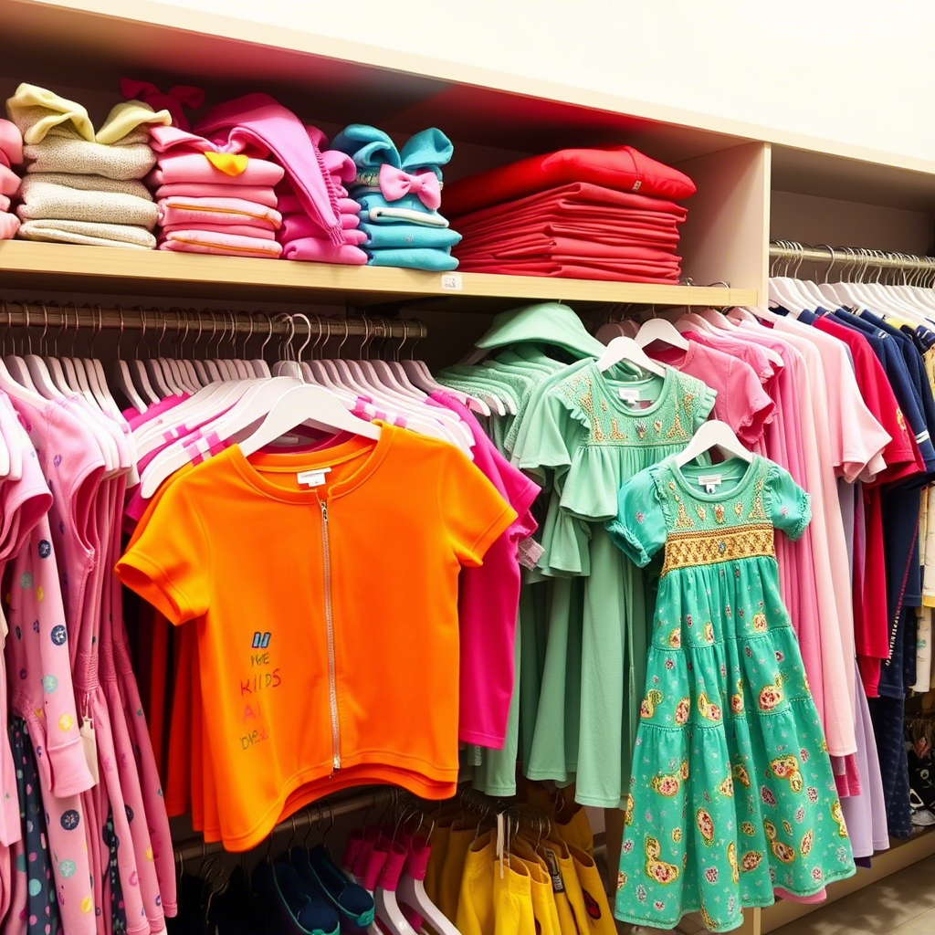 Vibrant children’s apparel displayed on a crowded retail shelf
