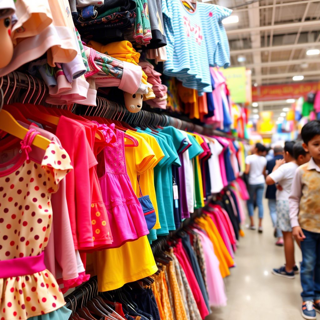 Vibrant children’s apparel displayed on a crowded wholesale market shelf