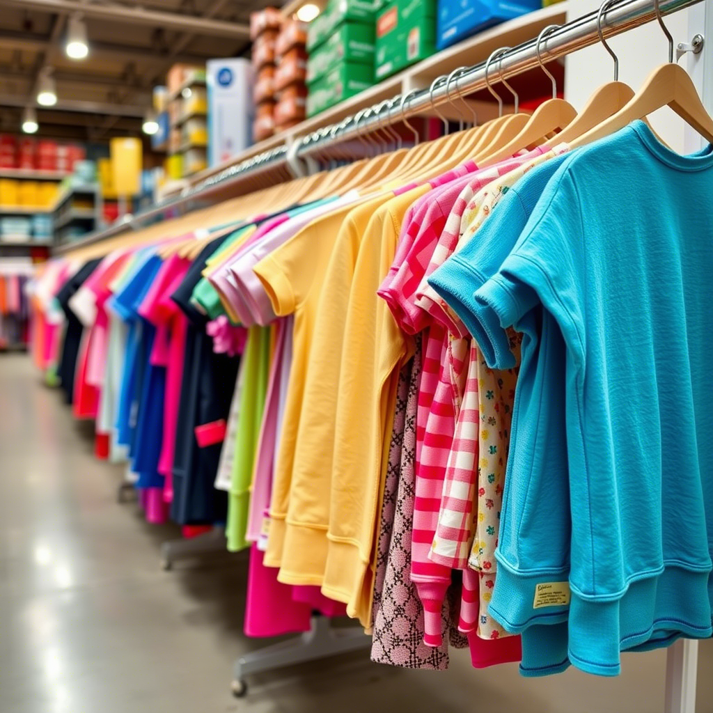 Vibrant children’s apparel displayed on a rack in a bustling wholesale showroom