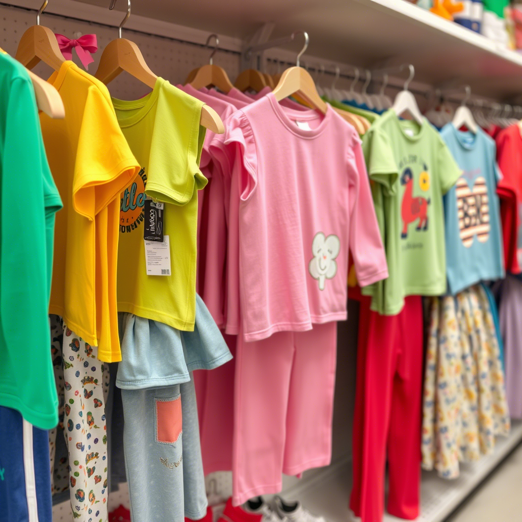 Vibrant children’s apparel displayed on a store shelf for resellers