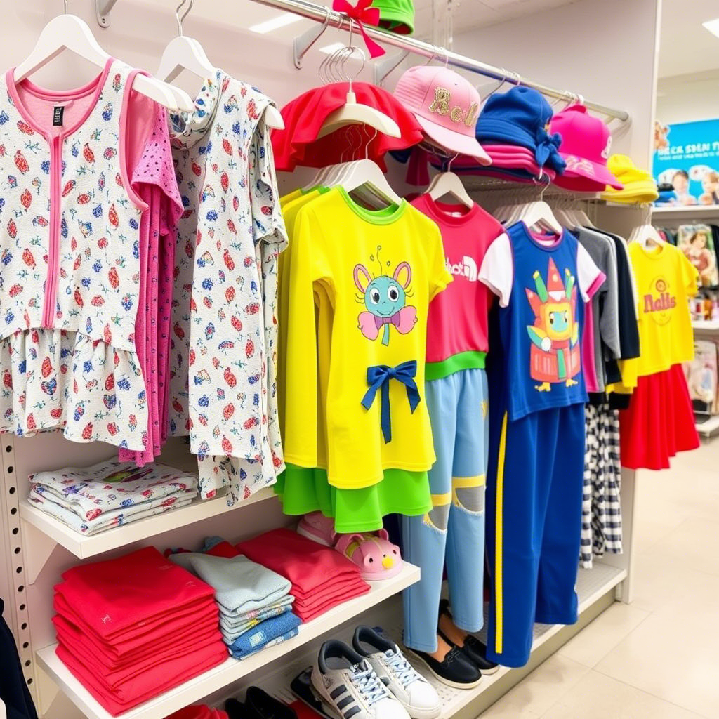 Vibrant children’s apparel displayed on a store shelf