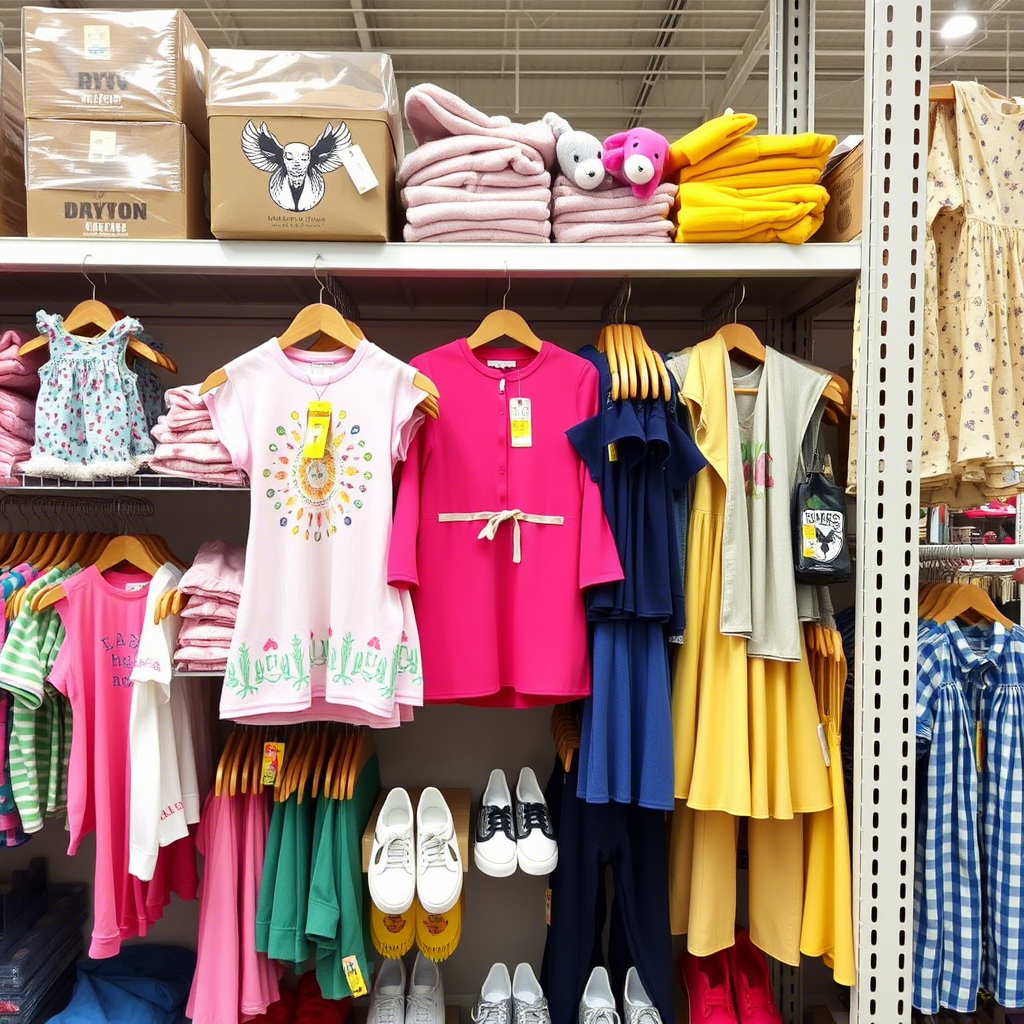 Vibrant children’s apparel displayed on a supplier’s warehouse shelf