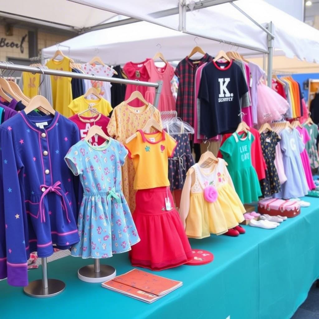Vibrant children’s apparel displayed on a vendor’s sales table