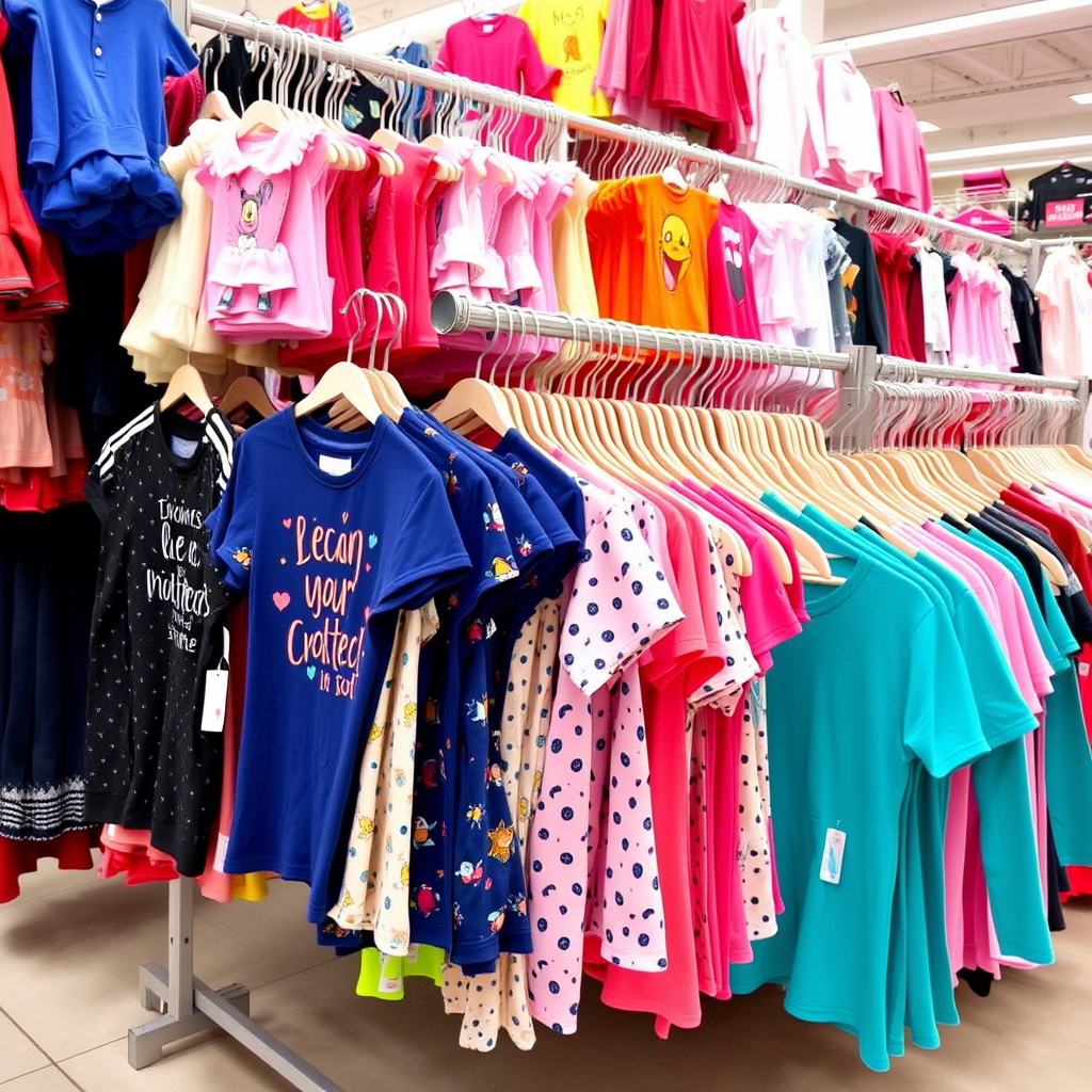 Vibrant children’s apparel displayed on racks in a wholesale store