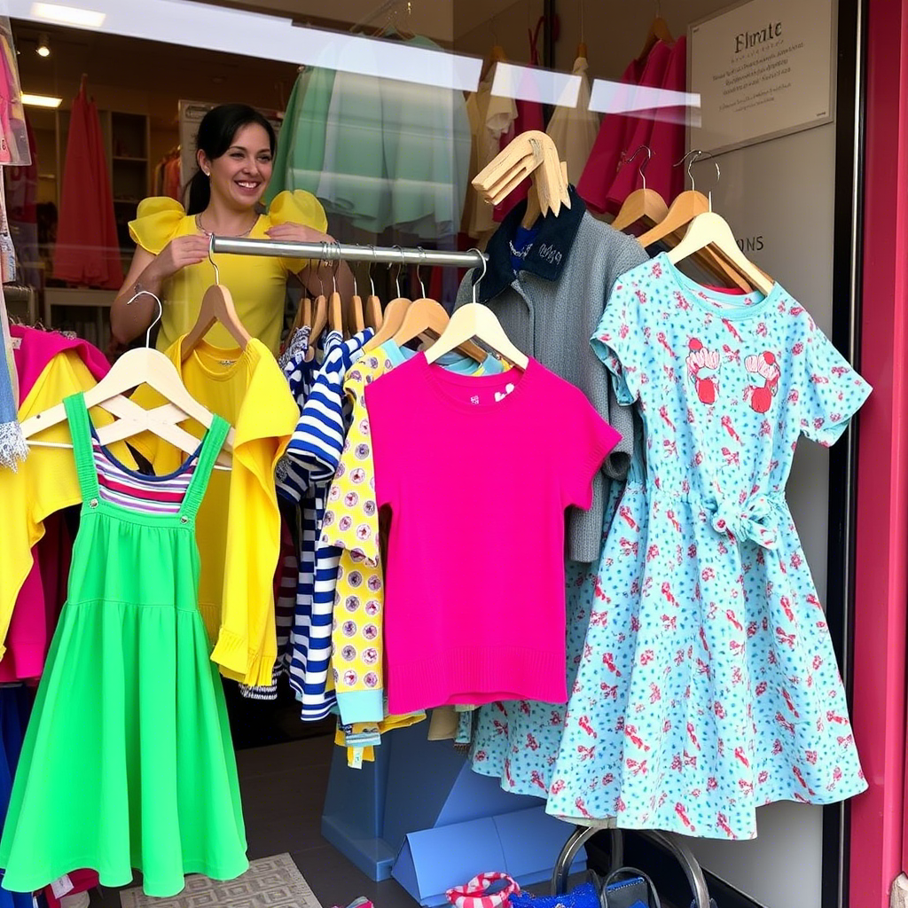 Vibrant children’s apparel hanging on a storefront display