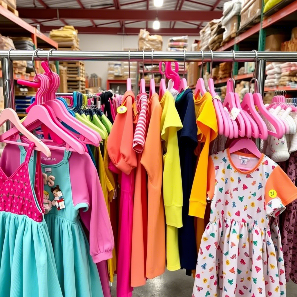 Vibrant children’s apparel hanging on racks in a vendor’s warehouse
