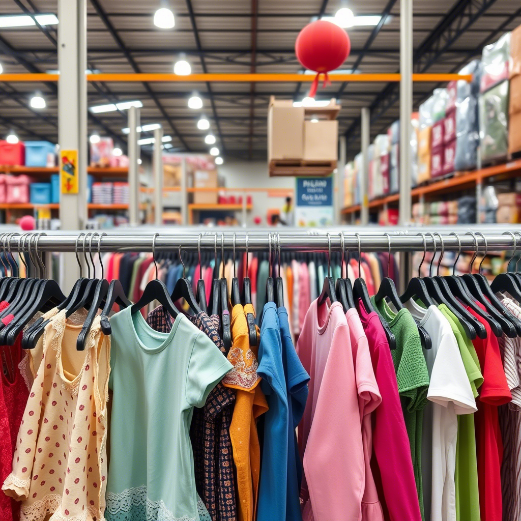 Vibrant children’s apparel hanging on racks in Chinese warehouse