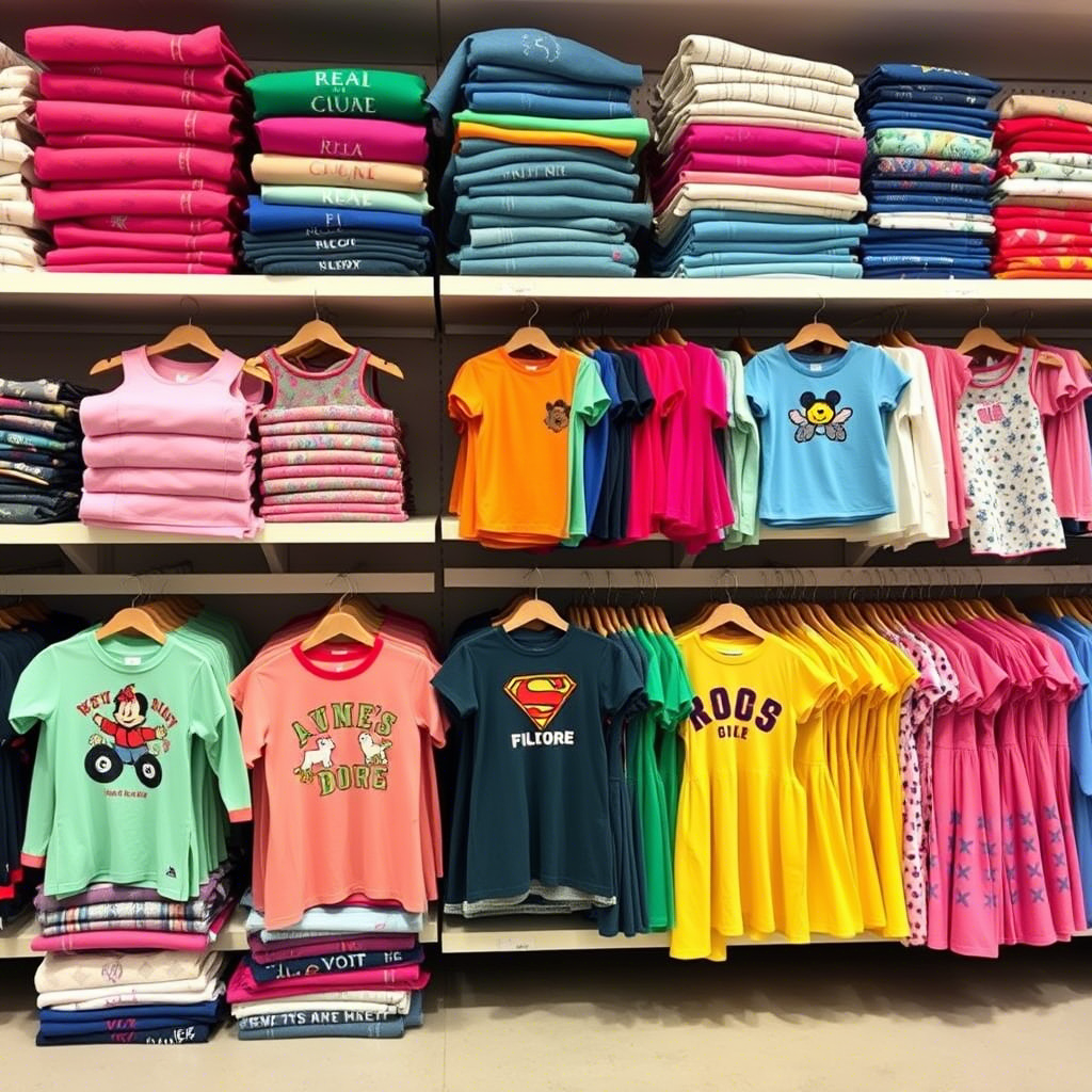 Vibrant children’s apparel stacked on shelves for distribution