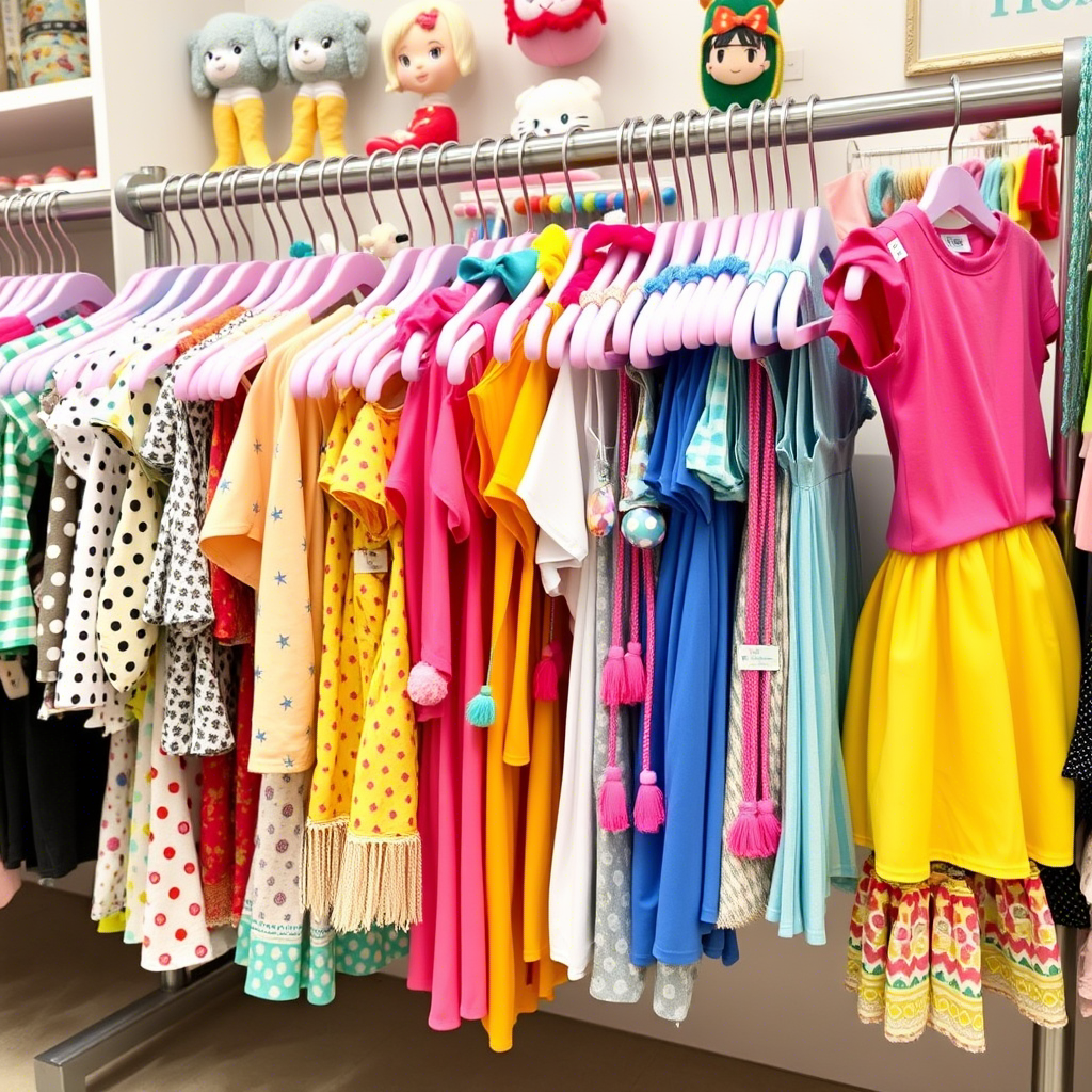 Vibrant children’s clothing and accessories arranged on a rack in a store
