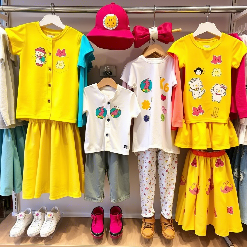 Vibrant children’s clothing collection from various vendors on display
