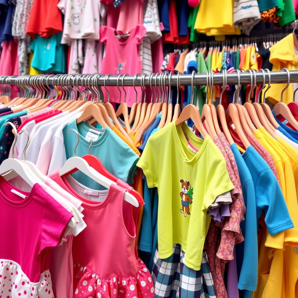 Vibrant children’s clothing displayed on a crowded wholesale rack