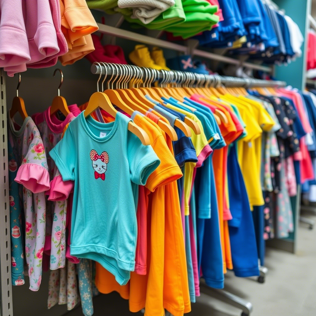 Vibrant children’s clothing displayed on a wholesale rack