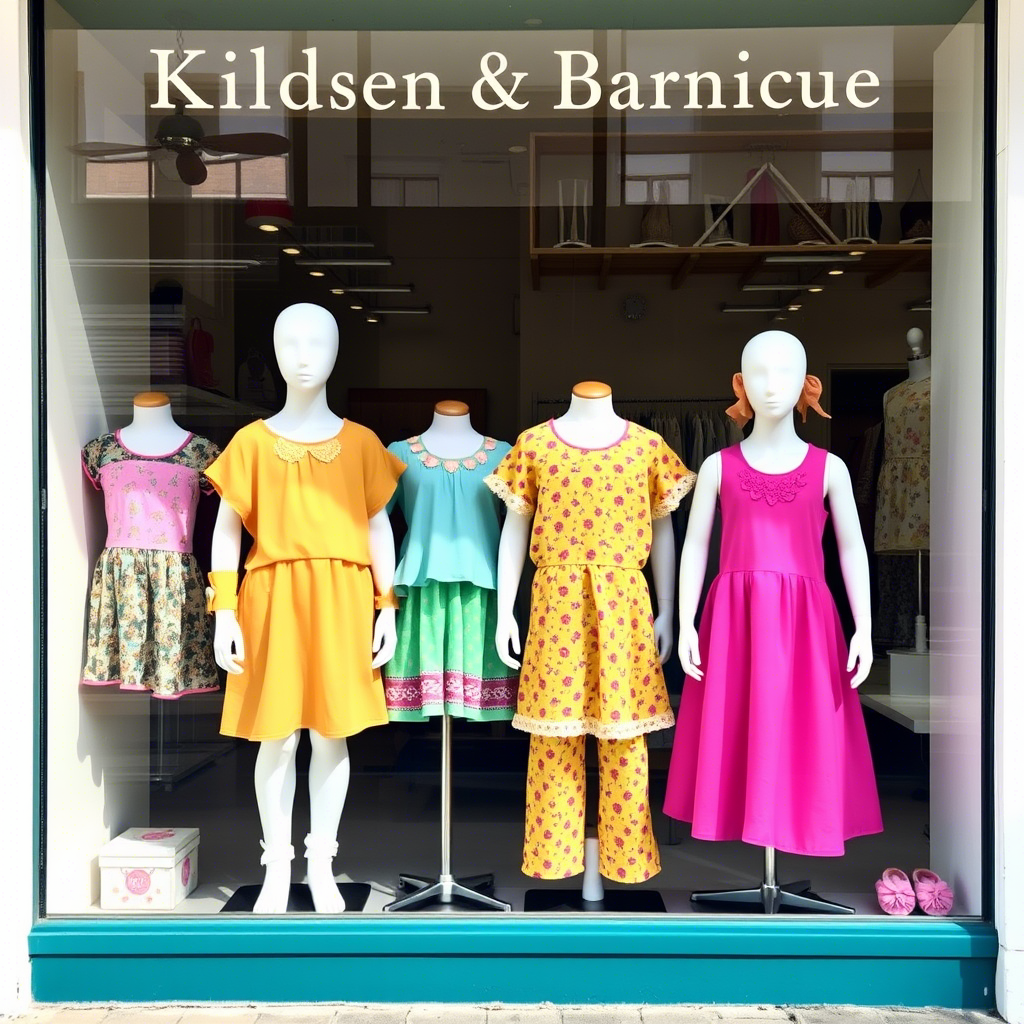 Vibrant children’s clothing displayed on mannequins in a boutique storefront