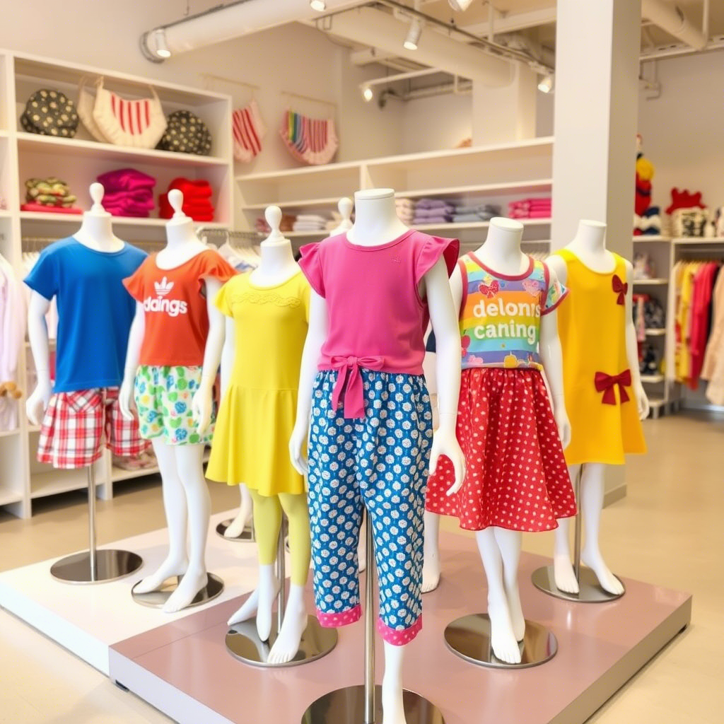 Vibrant children’s clothing displayed on mannequins in a wholesale showroom