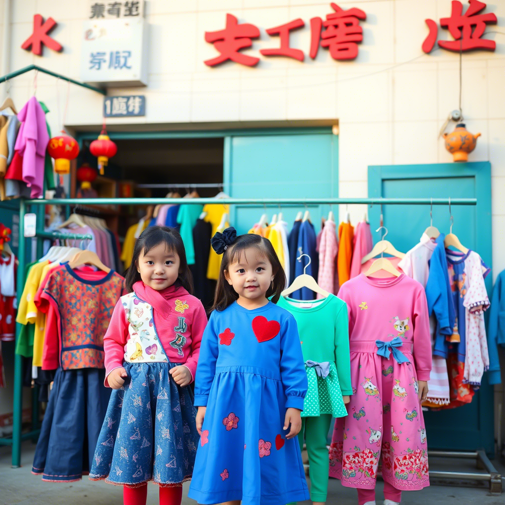 Vibrant children’s clothing displayed outside a Chinese export factory