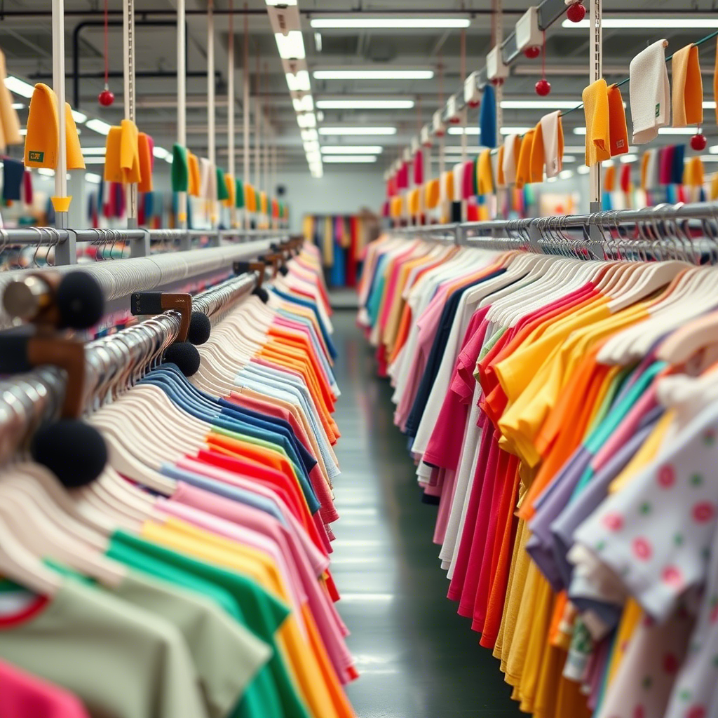 Vibrant children’s clothing factory in China with rows of colorful garments