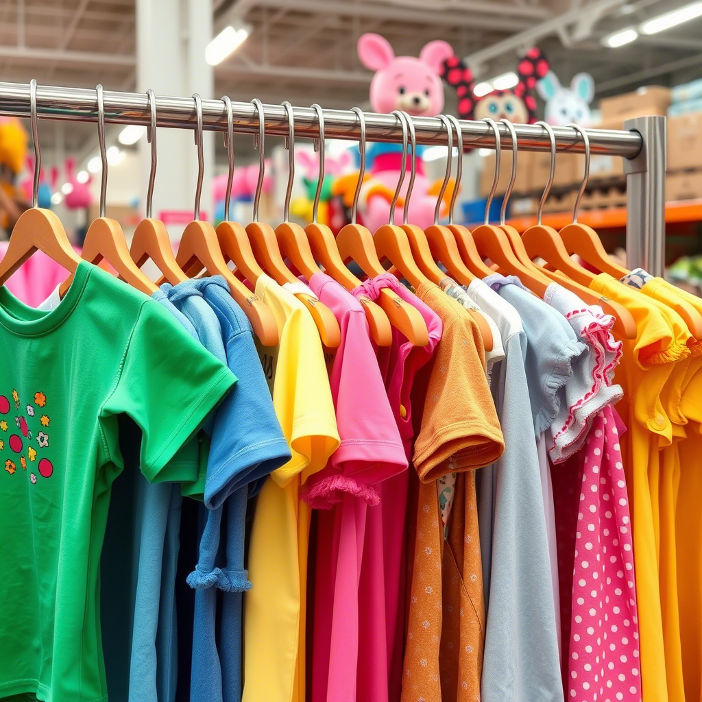 Vibrant children’s clothing hanging on a rack in a wholesale store
