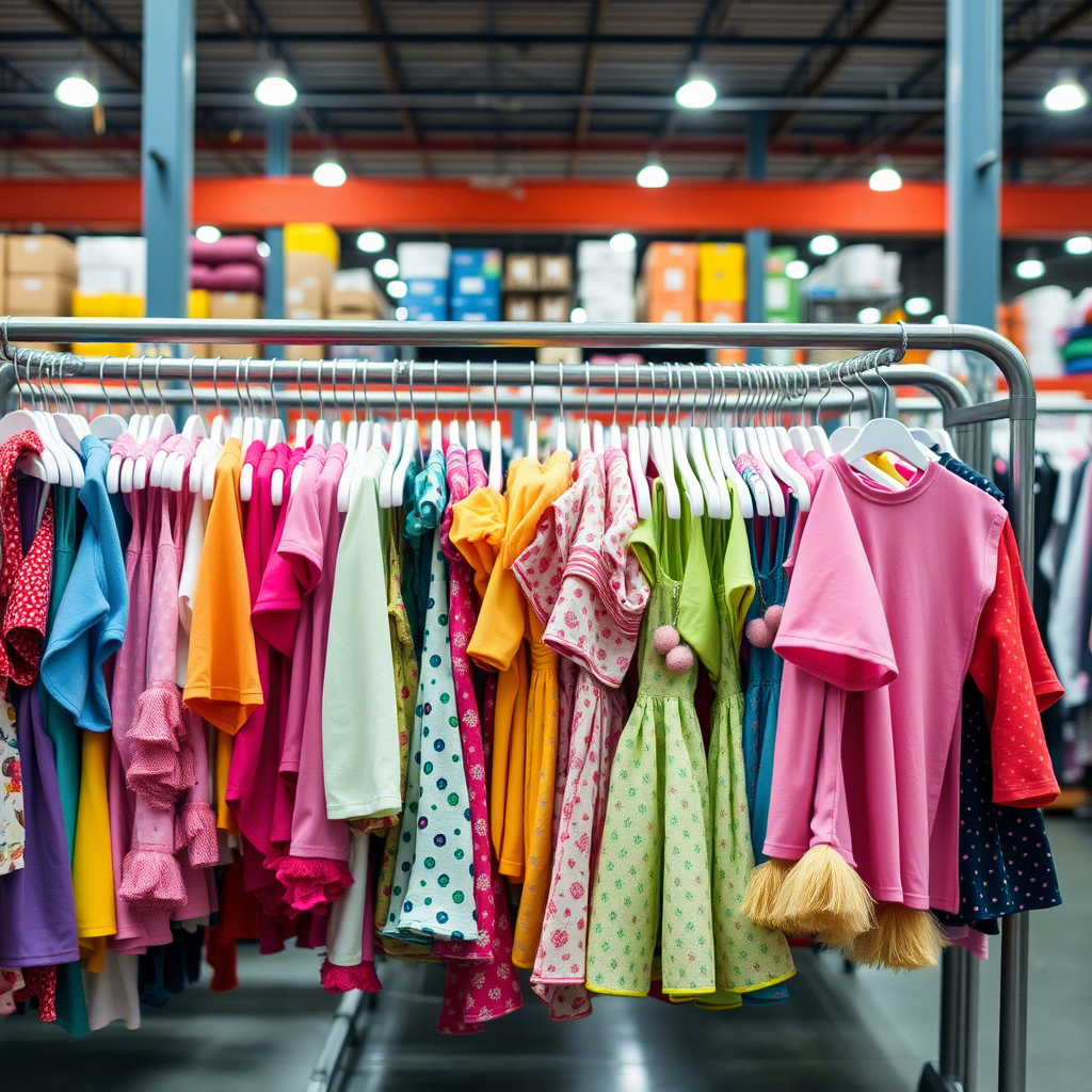 Vibrant children's clothing hanging on racks in a bustling wholesale warehouse