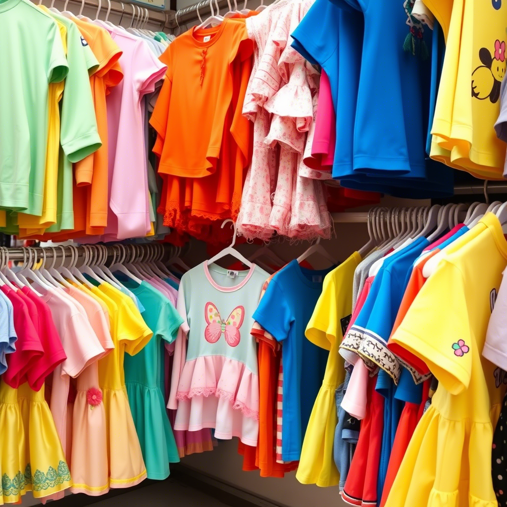 Vibrant children’s clothing hanging on racks in a Chinese wholesale market