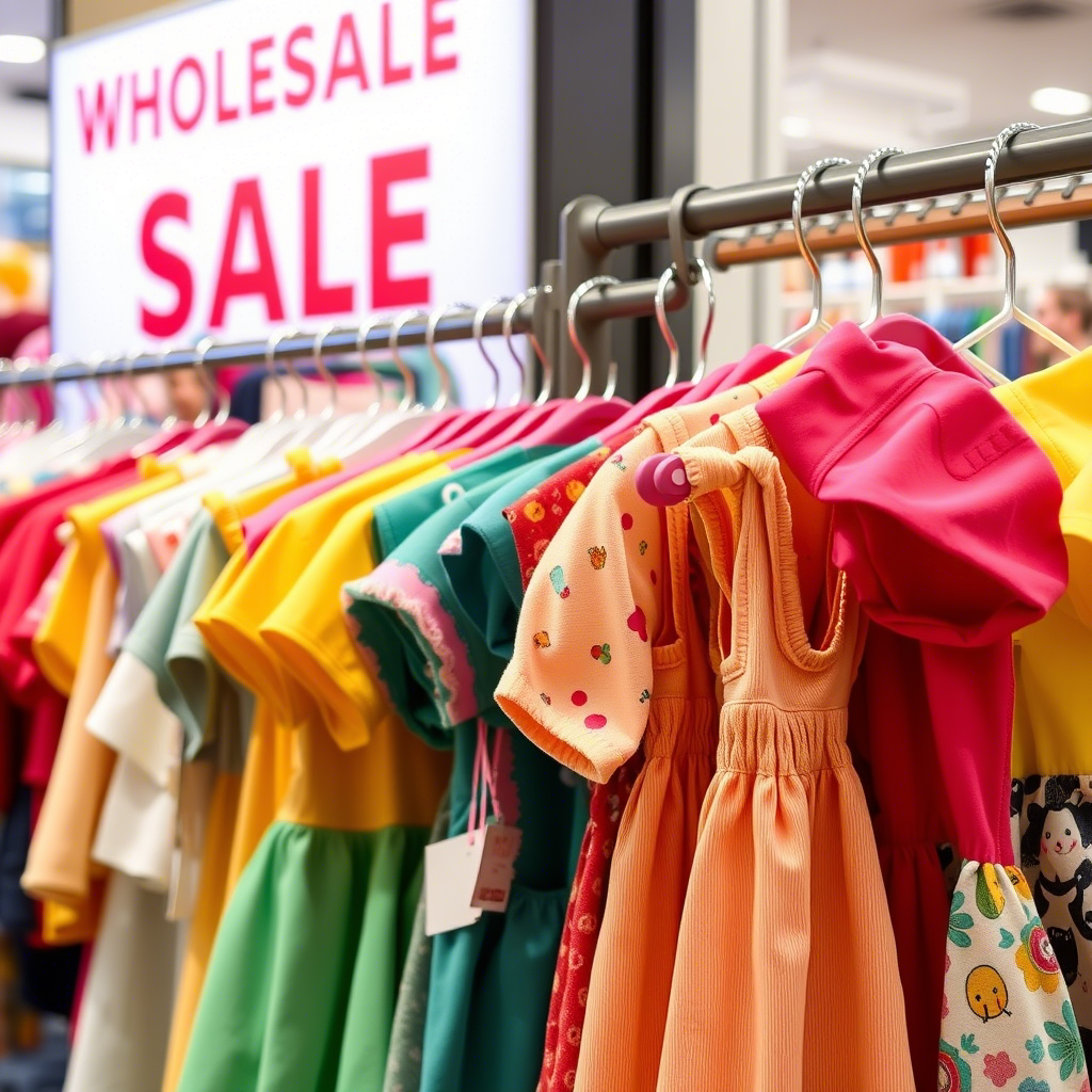 Vibrant children’s clothing hanging on racks, with a “Wholesale” sign in the background