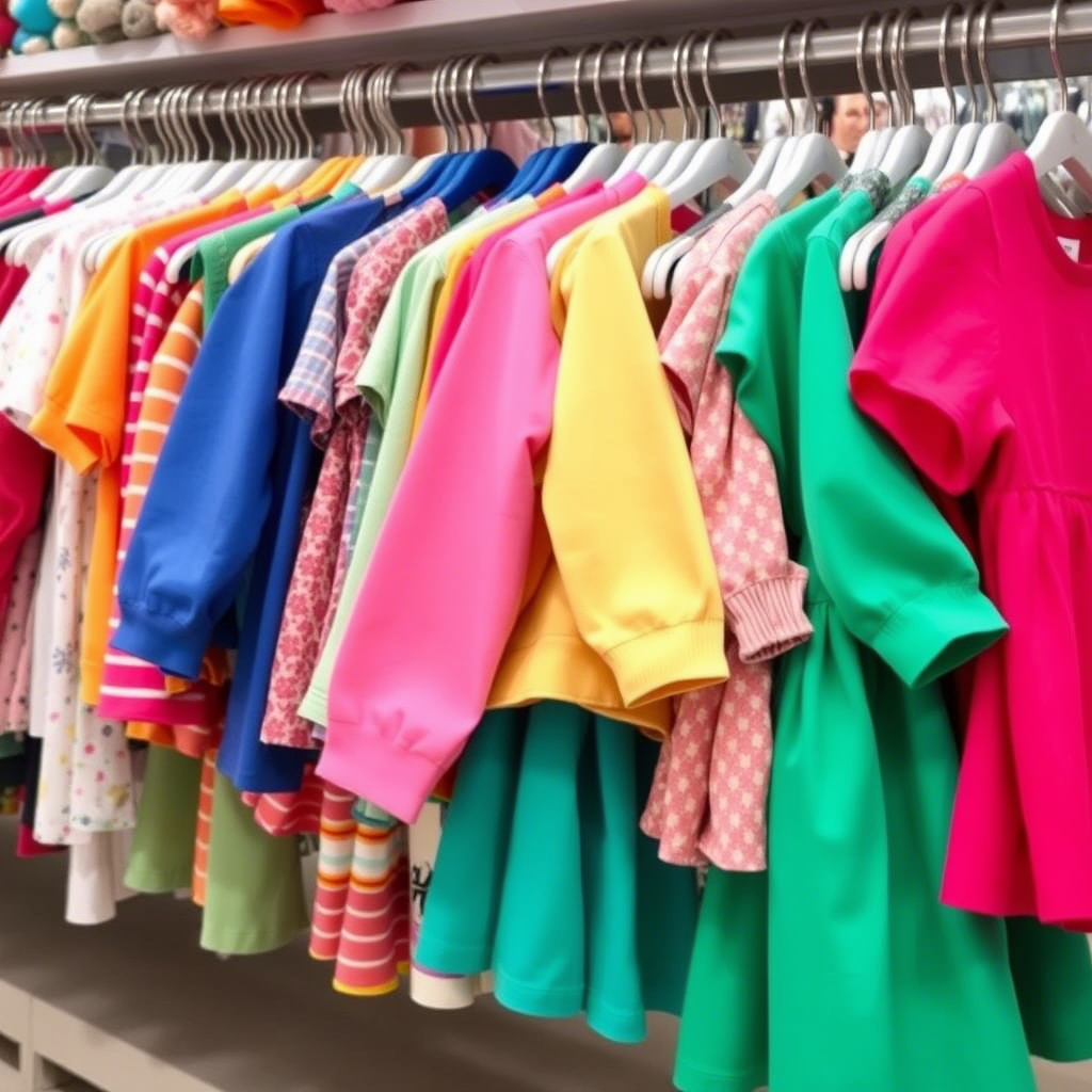 Vibrant children’s clothing laid out on a store rack