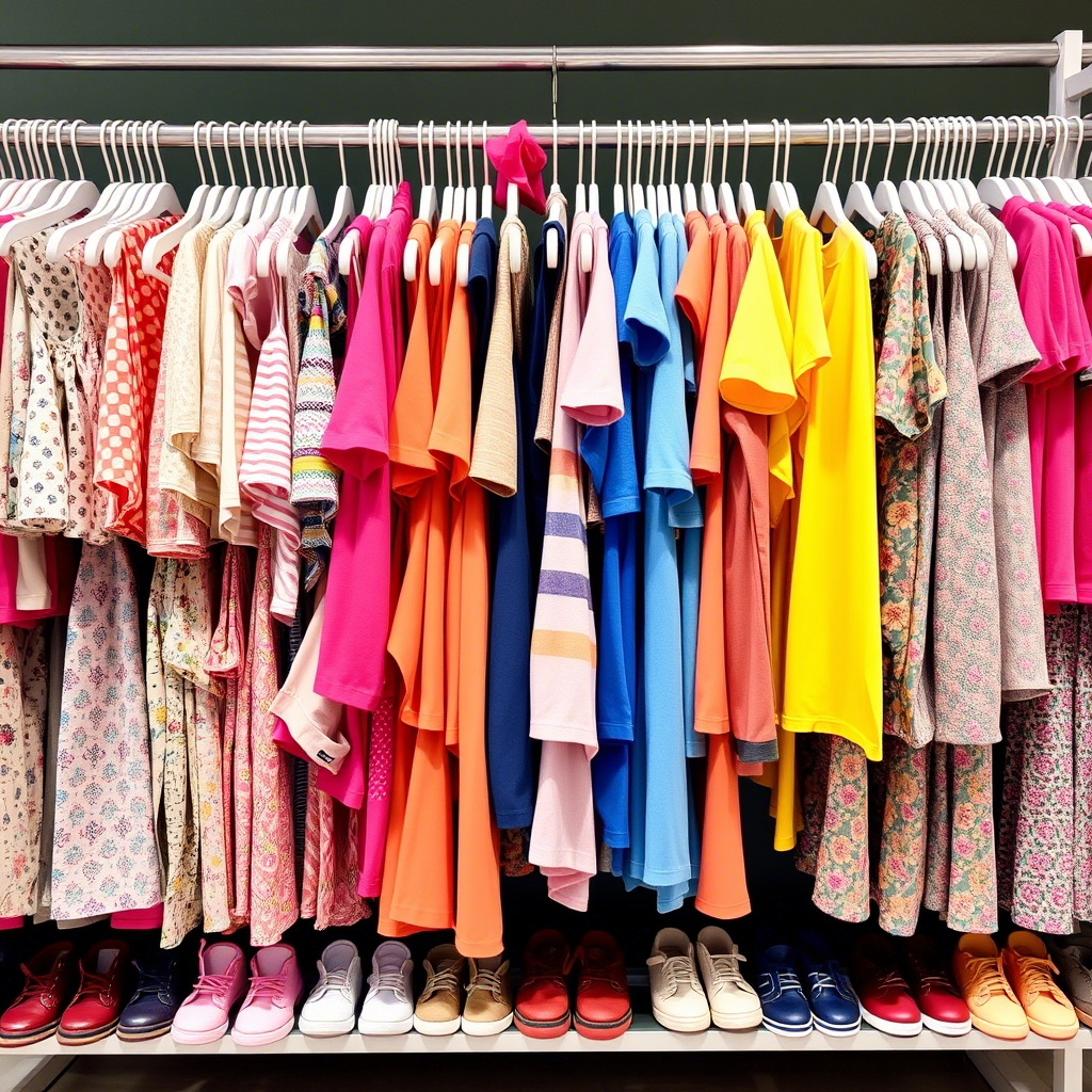 Vibrant children's clothing laid out on a wholesale distributor's rack