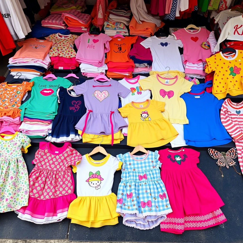 Vibrant children’s clothing laid out on a wholesale market stall