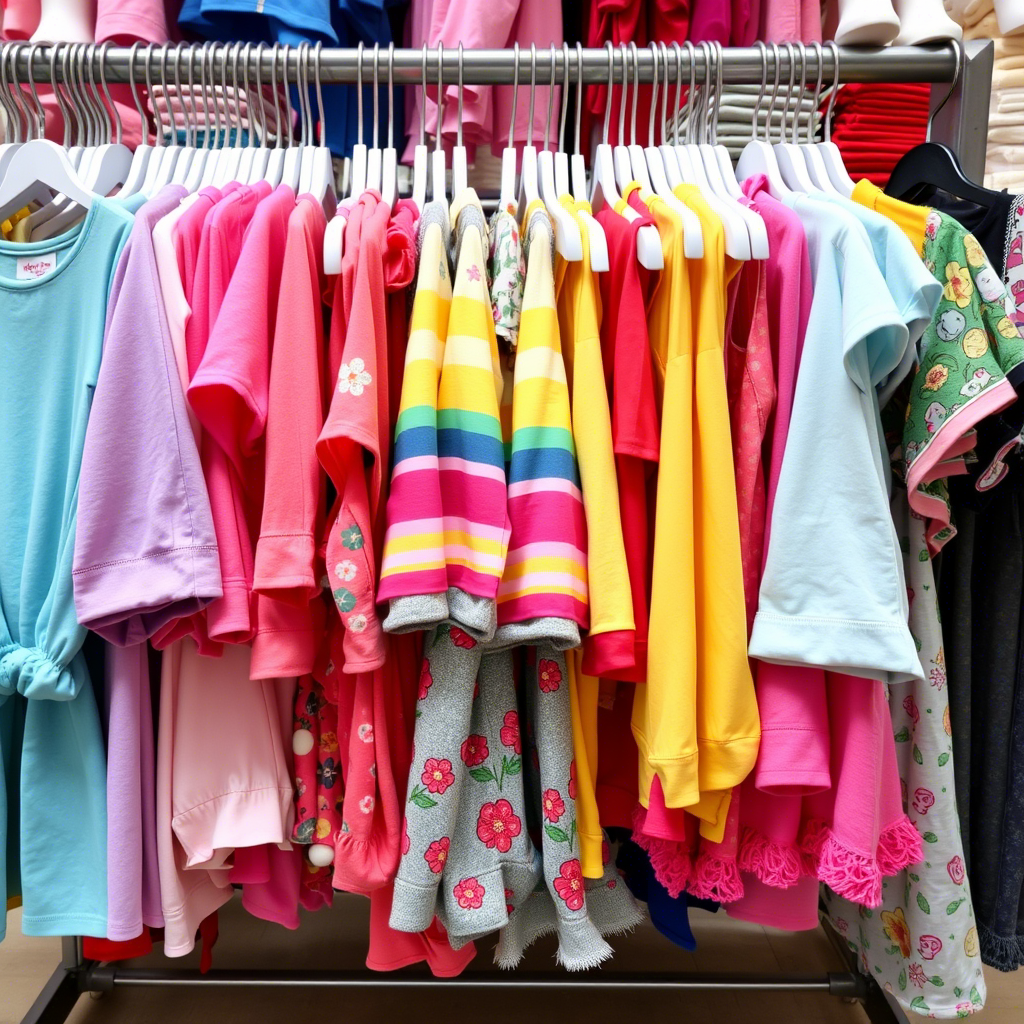 Vibrant children's clothing laid out on a wholesale rack