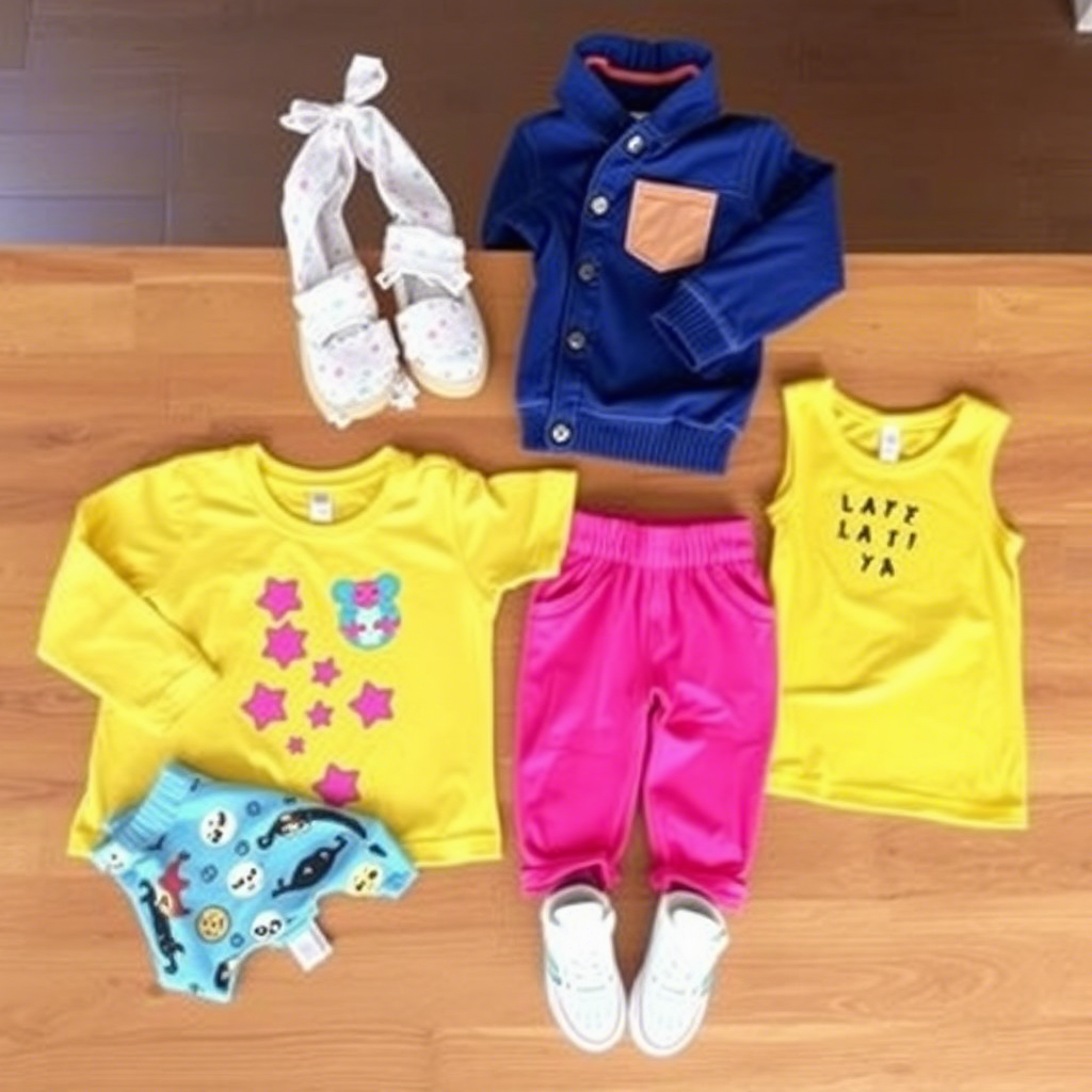 Vibrant children’s clothing laid out on a wooden table