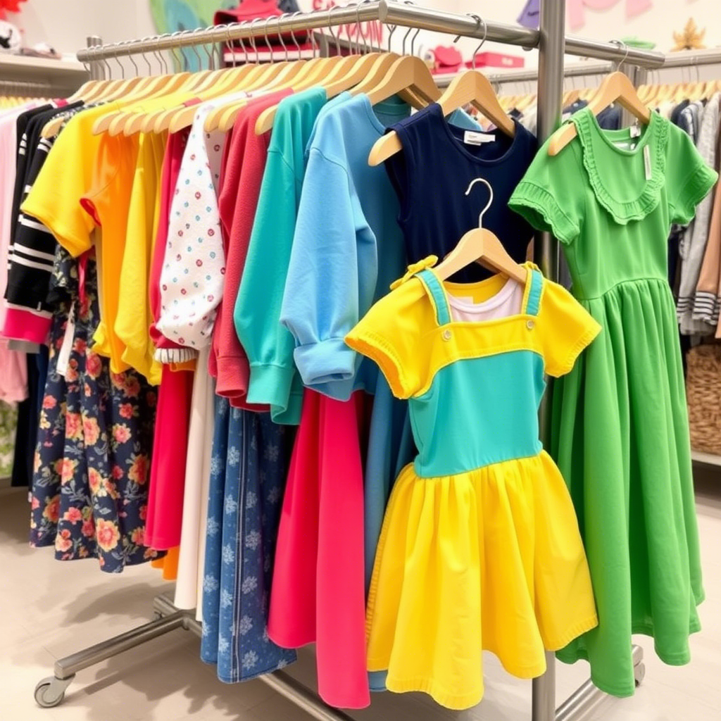 Vibrant children’s clothing on a boutique store rack