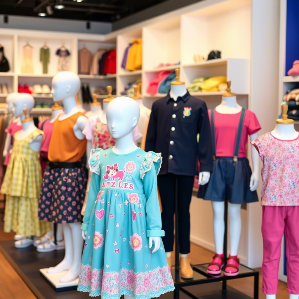 Vibrant children’s clothing on mannequins in a boutique environment