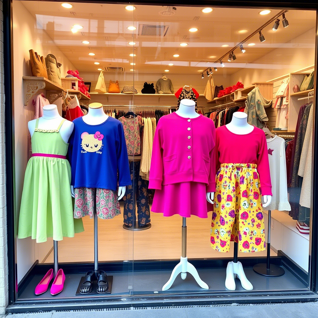 Vibrant children’s clothing on mannequins in a boutique storefront