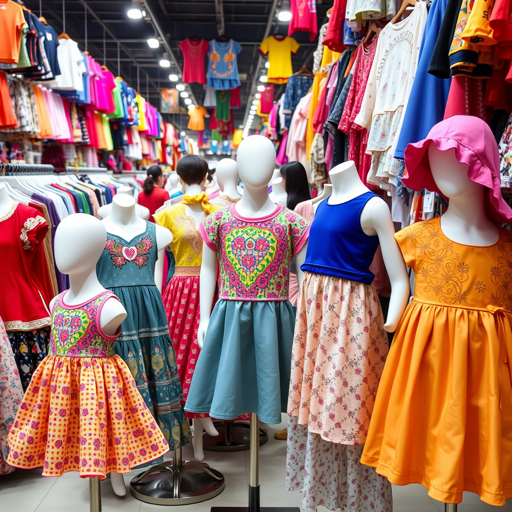 Vibrant children’s clothing on mannequins in a bustling wholesale market