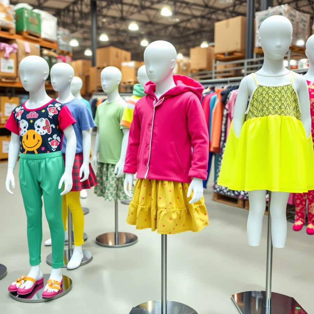 Vibrant children’s clothing on mannequins in a wholesale warehouse