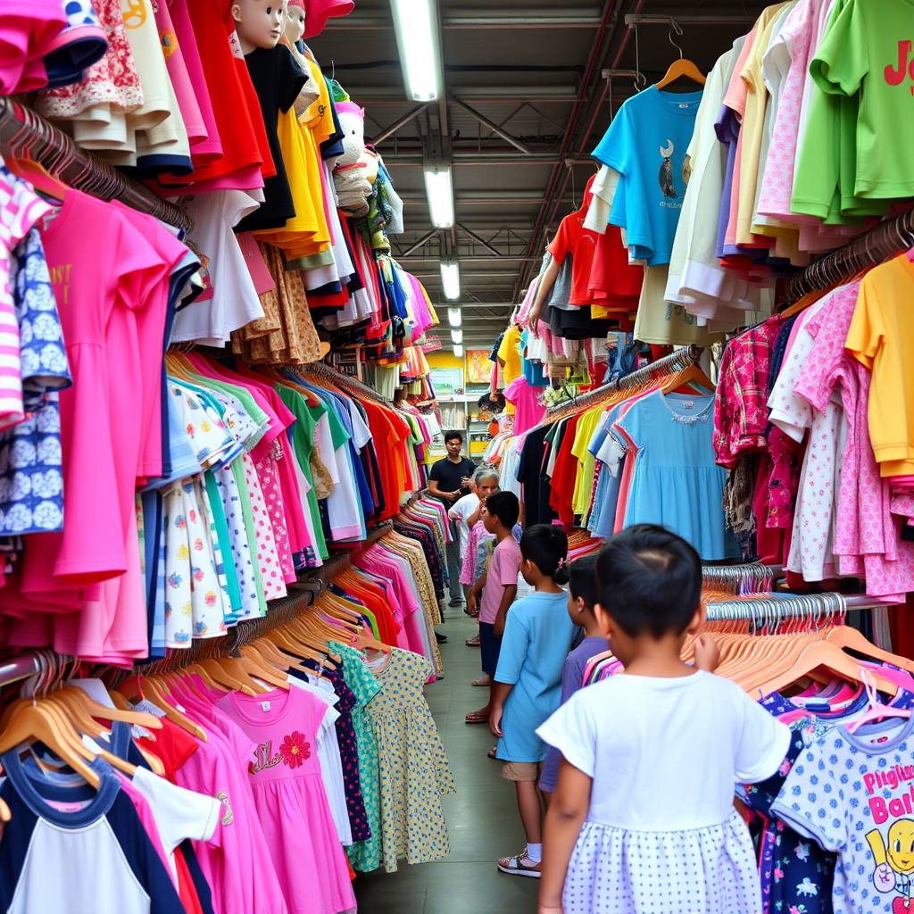 Vibrant children’s clothing racks in a bustling Chinese wholesale market