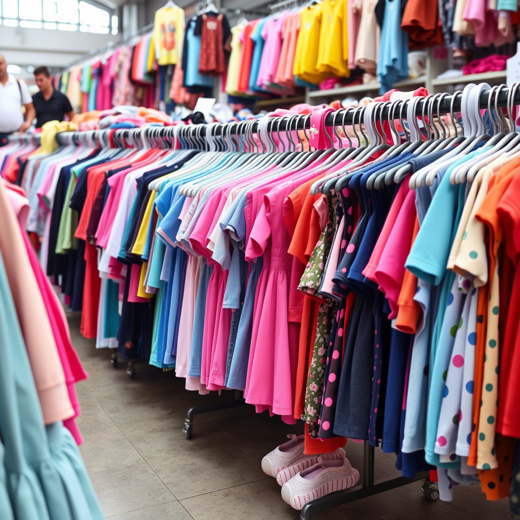 Vibrant children’s clothing racks in a bustling wholesale market