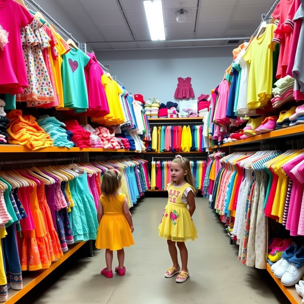 Vibrant children’s clothing warehouse full of colorful outfits