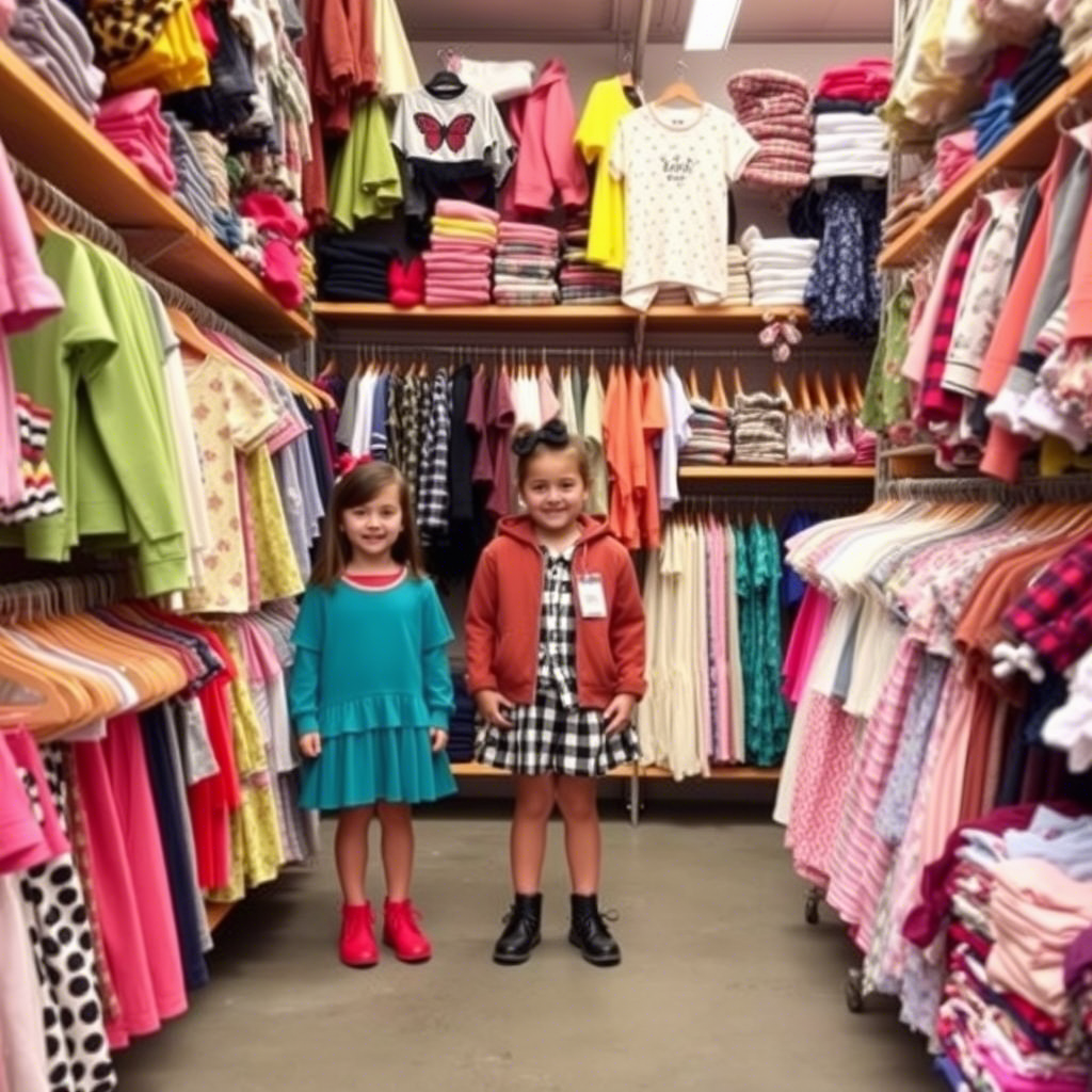 Vibrant children’s clothing warehouse with diverse fashion brands