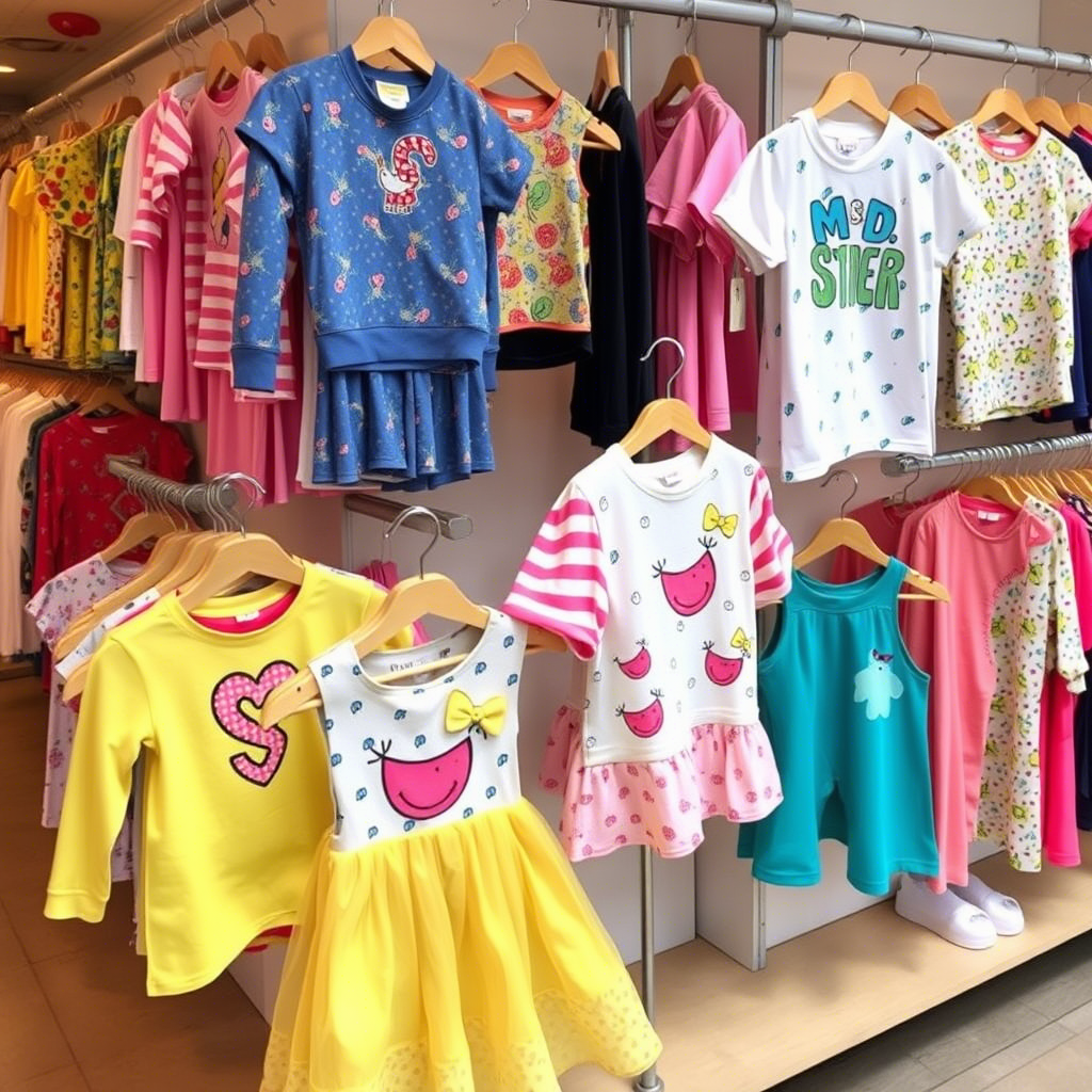 Vibrant children’s clothing with fun designs and patterns on display