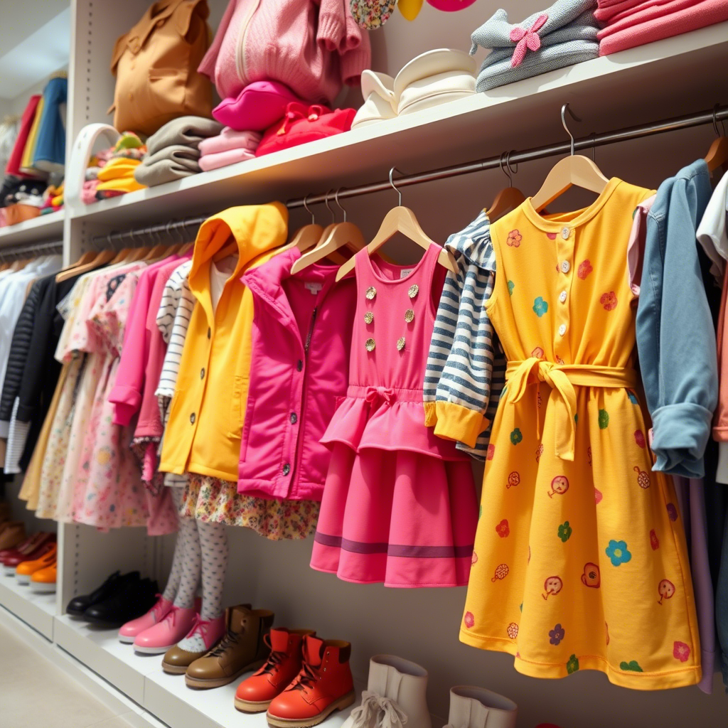 Vibrant children’s fashion collection on a clothing store shelf display