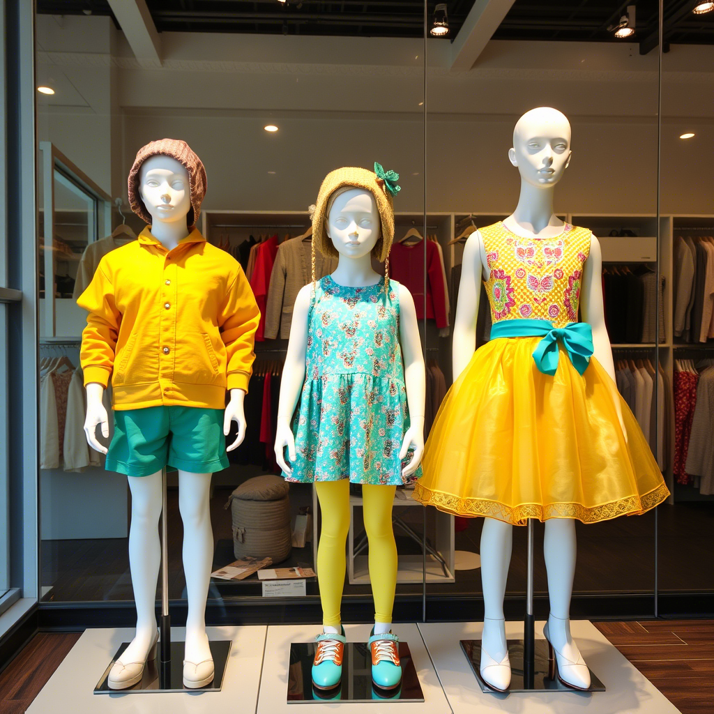 Vibrant children’s fashion displayed on mannequins in a distributor’s showroom