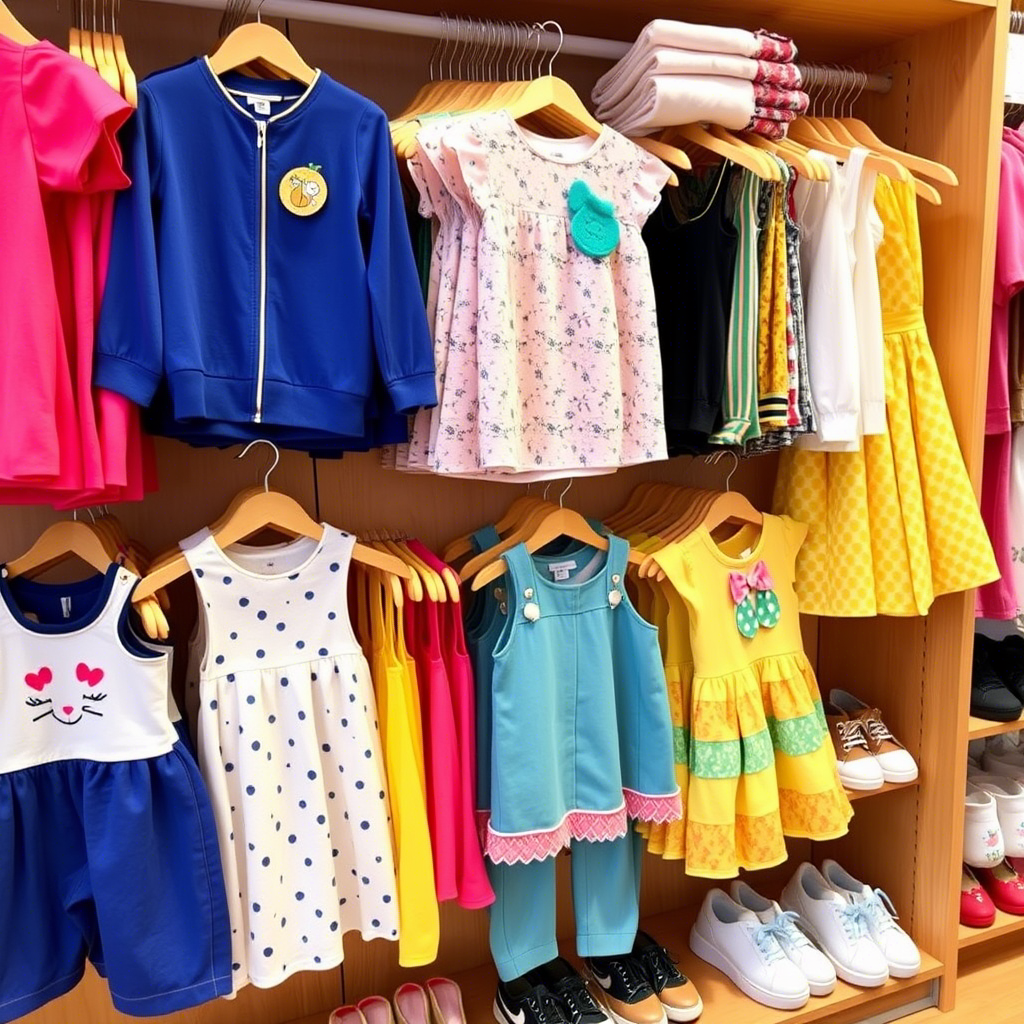 Vibrant children’s outfits arranged on a wooden clothing store shelf