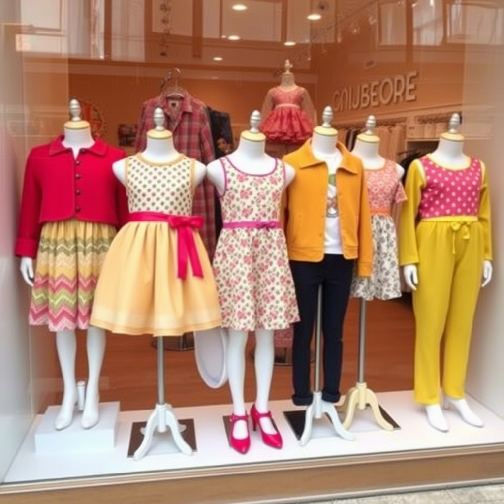 Vibrant children's outfits displayed on mannequins in a boutique storefront