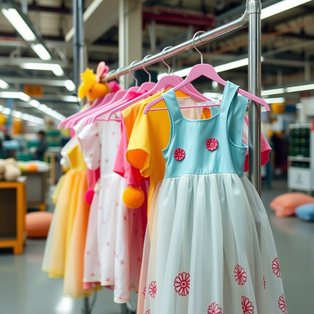 Vibrant children’s outfits hanging on a rack in a Chinese factory